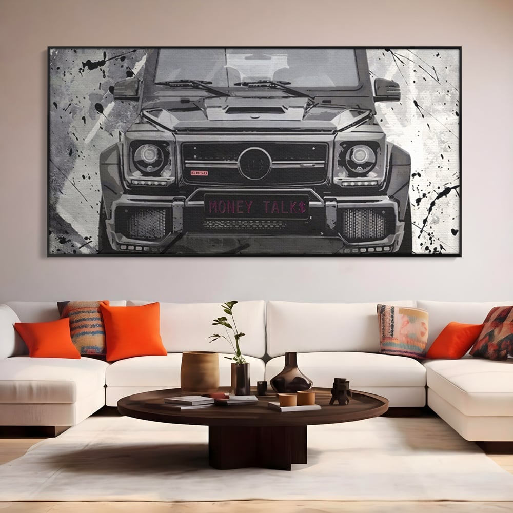 Tablou canvas cu tablou canvas cu masina mercedes neagra, in rama de aluminiu negru, pe perete intr-un living